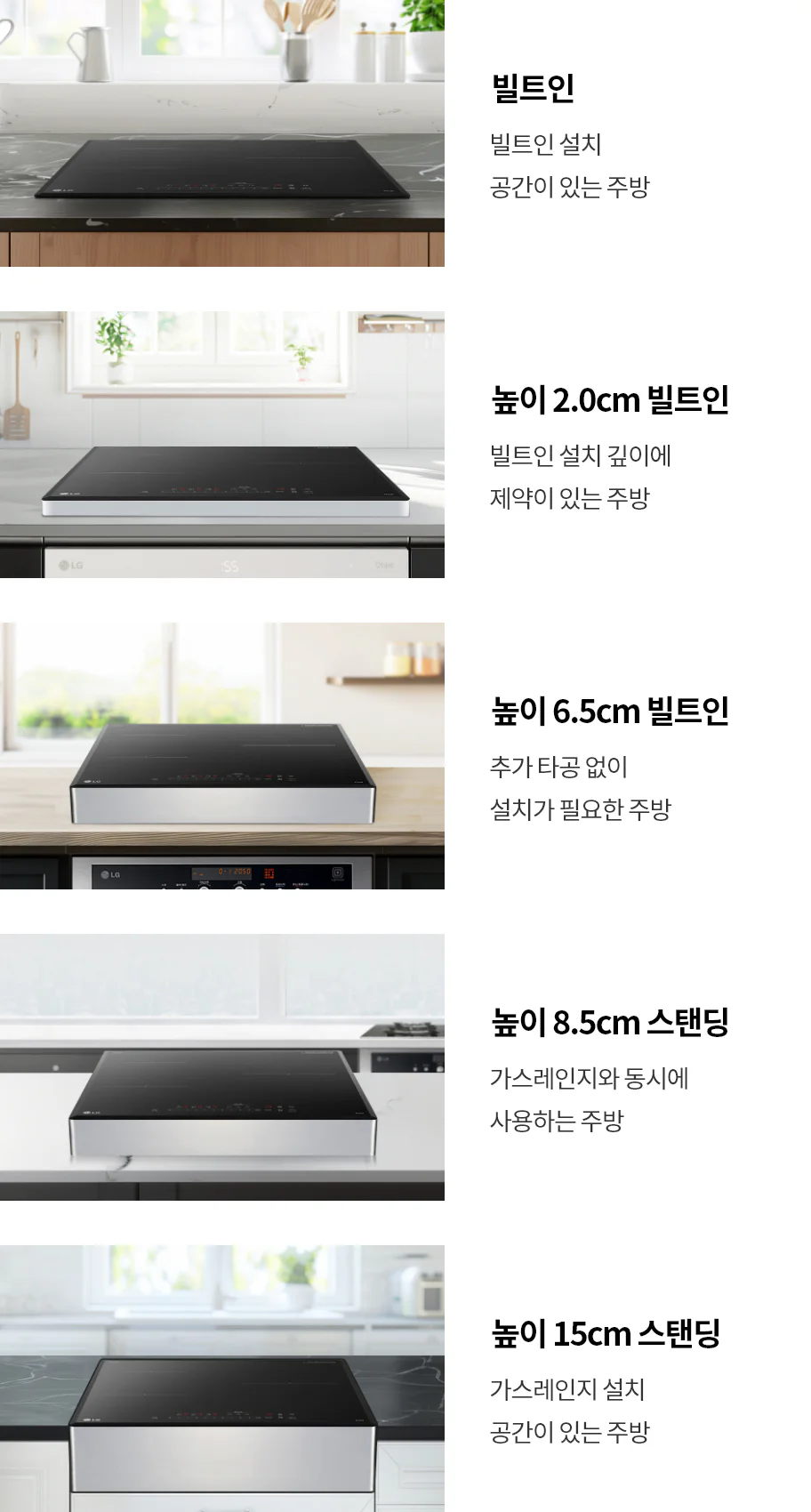 검은색 상판의 LG 디오스 인덕션이 다양한 설치 방식으로 주방에 배치되어 있습니다. 첫 번째 이미지는 빌트인 설치로, 빌트인 설치 공간이 있는 주방에 적합합니다. 두 번째 이미지는 높이 2.0cm 빌트인으로, 빌트인 설치 깊이에 제약이 있는 주방에 적합합니다. 세 번째 이미지는 높이 6.5cm 빌트인으로, 추가 타공 없이 설치가 필요한 주방에 적합합니다. 네 번째 이미지는 높이 8.5cm 스탠딩으로, 가스레인지와 동시에 사용하는 주방에 적합합니다. 마지막 이미지는 높이 15cm 스탠딩으로, 가스레인지 설치 공간이 있는 주방에 적합합니다. 각 인덕션은 주방의 다양한 스타일과 설치 조건에 맞추어 선택할 수 있도록 설계되어 있습니다.