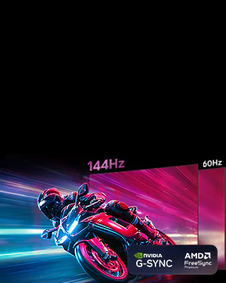 4K 144Hz 기반의 압도적인 게임 플레이를 보여주며, 붉은 색의 오토바이가 질주하는 이미지입니다. 화면 상단에는 NVIDIA G-SYNC와 AMD FreeSync Premium 로고, 60Hz와 144Hz가 함께 표시됩니다.