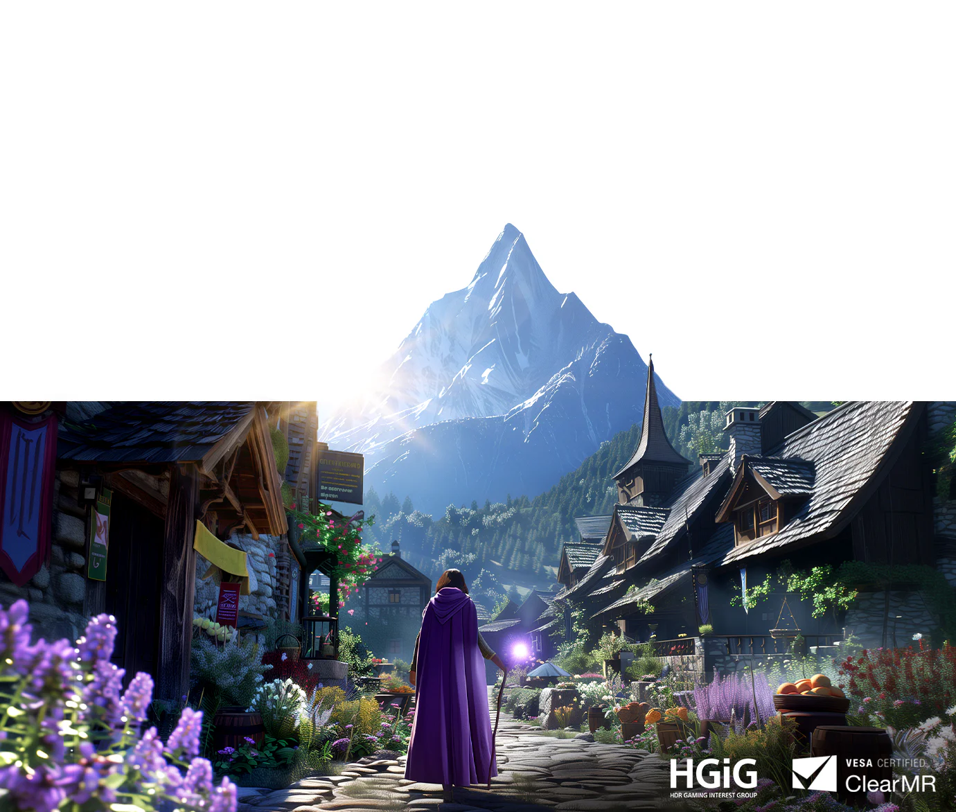 한 인물이 마을에서 산을 바라보고 있는 게임 화면입니다. HDR 게이밍 화질 보정 기술인 'HGiG' 로고와 선명한 화질을 인증하는 'VESA Certified ClearMR' 로고가 나열되어 있습니다.