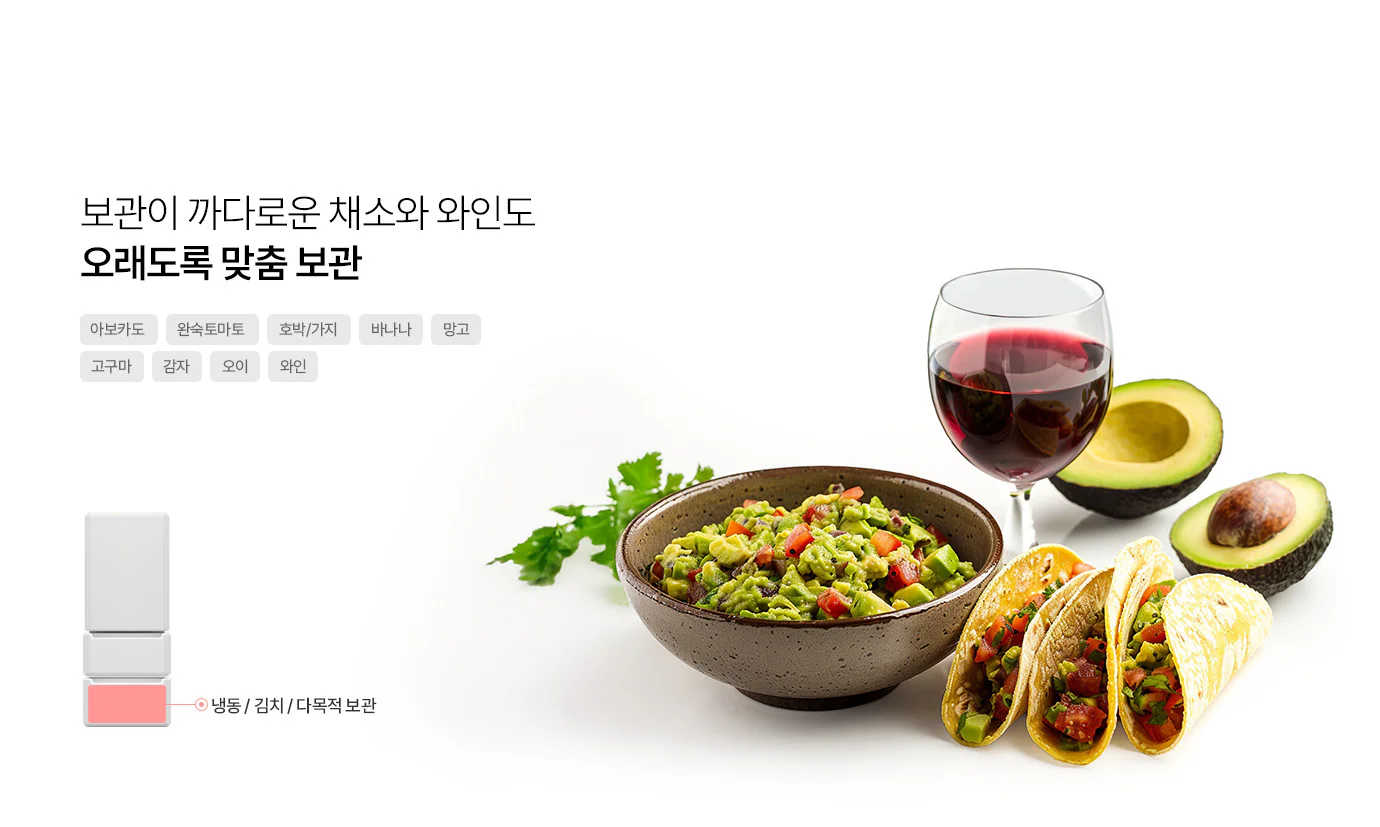 보관이 까다로운 채소와 와인도 오래도록 맞춤 보관 타이틀 아래에 아보카도, 완숙토마토, 호박/가지, 바나나, 망고, 고구마, 감자, 오이, 와인이라는 9개의 카테고리 태그가 나열되어 있습니다. 오른쪽에는 과카몰리가 담긴 그릇과 타코, 반으로 잘린 아보카도, 그리고 레드 와인이 담긴 와인잔이 놓여 있어 식재료의 활용 예시를 보여줍니다. 왼쪽 하단에는 냉장고 전체 모습 중 하칸 영역을 분홍색으로 강조하며 냉동 / 김치 / 다목적 보관이라는 문구가 연결된 가이드 이미지가 포함되어 있습니다.