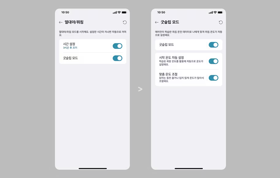 열대야/취침 모드 설정 화면과 굿슬립 모드 설정 화면이 나란히 있습니다. 첫 번째 화면에서는 '열대야/취침 모드를 시작해요. 설정한 시간이 지나면 자동으로 꺼져요.'라는 설명과 함께 '시간 설정 3시간 후 끄기'와 '굿슬립 모드' 옵션이 있으며, 두 옵션 모두 활성화되어 있습니다. 두 번째 화면에서는 '어린이 학습한 취침 연계 데이터로 나이에 맞게 취침 온도가 자동으로 설정돼요.'라는 설명과 함께 '굿슬립 모드', '시작 온도 자동 설정', '맞춤 온도 조절' 옵션이 있으며, 세 옵션 모두 활성화되어 있습니다.