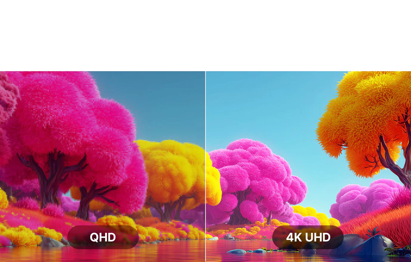 화면 해상도에 대한 비교 이미지입니다. QHD 영역은 풍경이 픽셀화되어 흐릿하게 보이고, 4K UHD 영역은 같은 풍경이 더 선명하고 디테일하게 표현되어 해상도 차이를 보여줍니다.