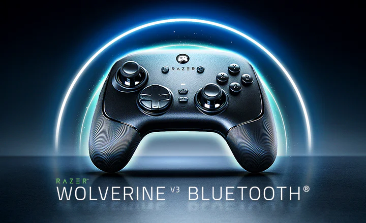 푸른색 조명의 배경 중심에 'RAZER WOLVERINE V3 BLUETOOTH' 게임 컨트롤러가 정면을 향해 배치되어 있습니다.