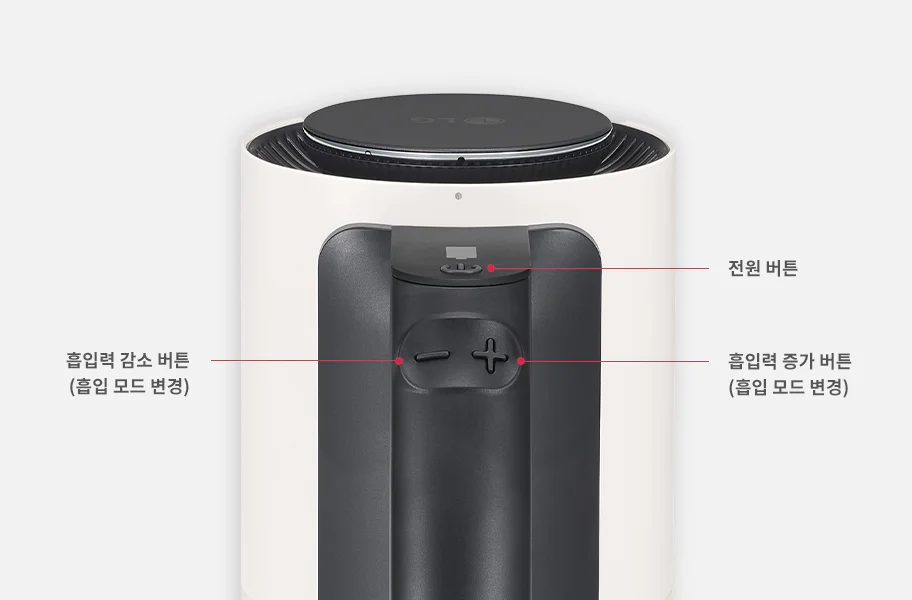 공기청정기의 상단 부분이 보이며, 전원 버튼과 흡입력 증가 및 감소 버튼이 있습니다. 흡입력 감소 버튼과 증가 버튼은 흡입 모드를 변경할 수 있습니다.